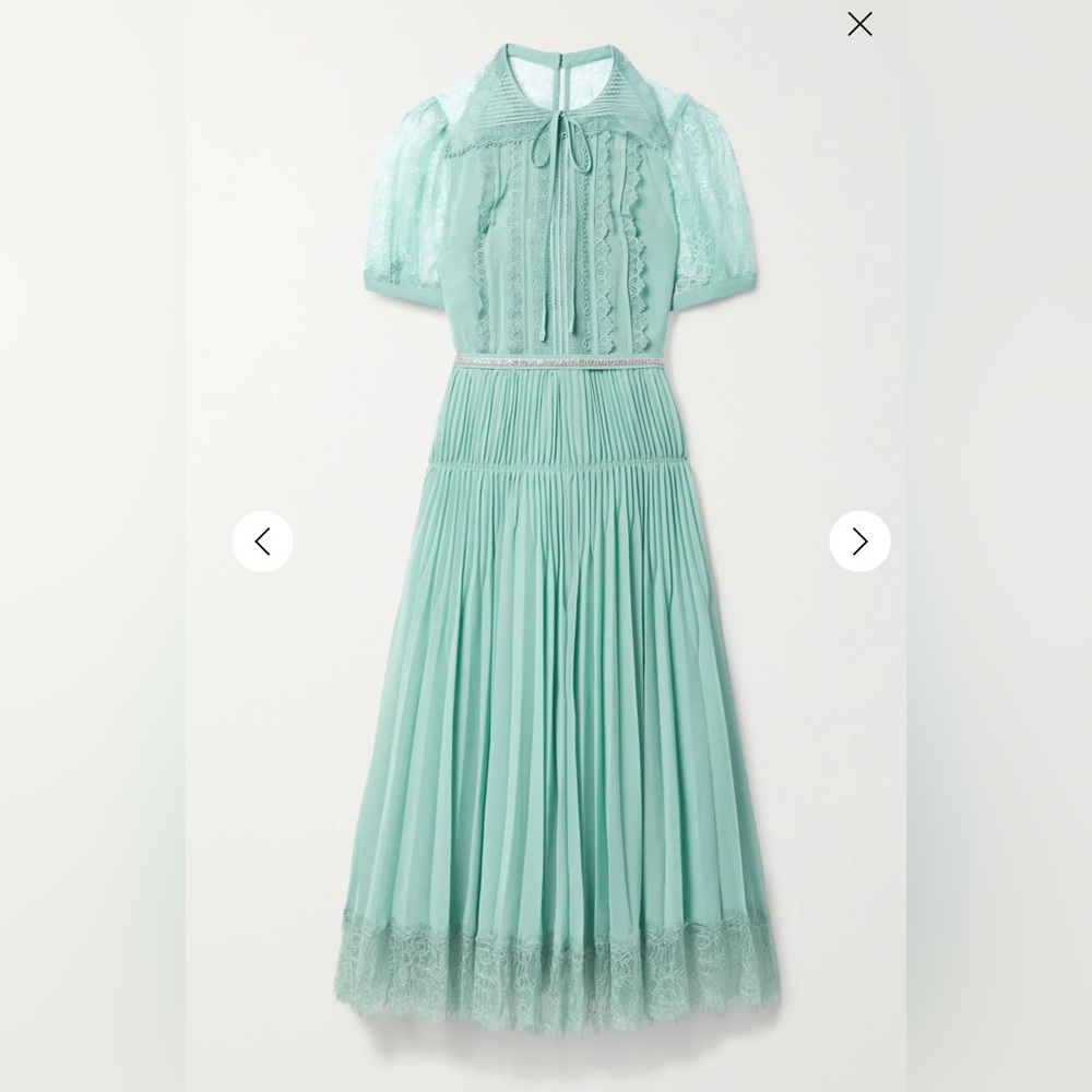 SELF-PORTRAIT
Crystal-embellished pleated chiffon and lace dress Turquoise NWT